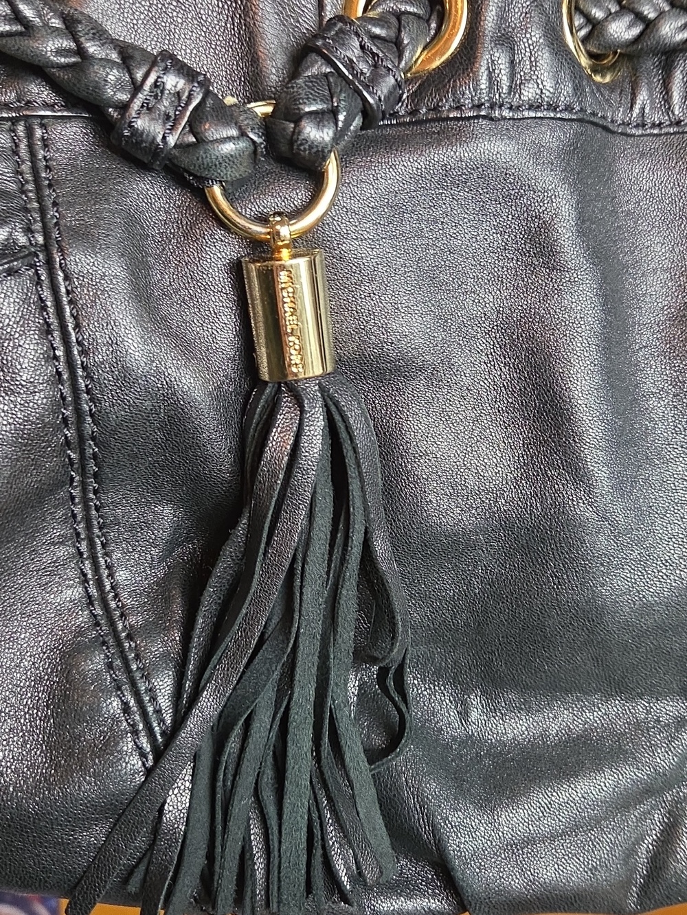 Michael Kors Black and Gold Soft Leather Braided Grommet Satchel Purse Handbag